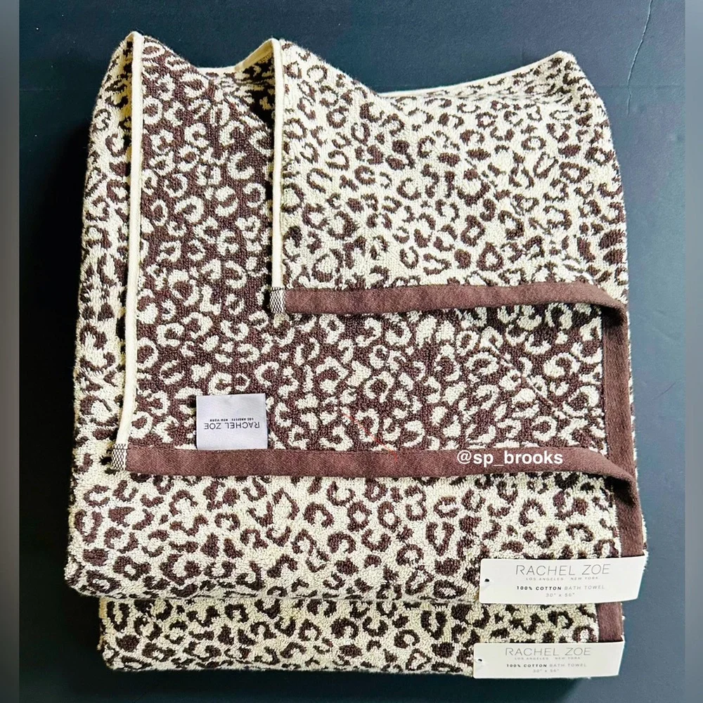 🎁RACHEL ZOE 2PC Bath Towel Set -Cotton- Brown & Tan Cheetah Print Bath - 30”x56”